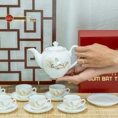 Bộ Trà Men Trắng Dáng Minh Long Hoa Mộc Lan Vẽ Vàng
