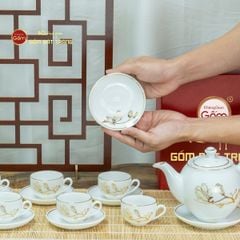 Bộ Trà Men Trắng Dáng Minh Long Hoa Mộc Lan Vẽ Vàng