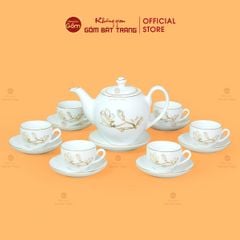 Bộ Trà Men Trắng Dáng Minh Long Hoa Mộc Lan Vẽ Vàng