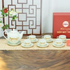 Bộ Trà Men Trắng Dáng Minh Long Hoa Sen Vẽ Vàng