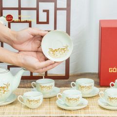 Bộ Trà Men Trắng Dáng Minh Long Hoa Sen Vẽ Vàng