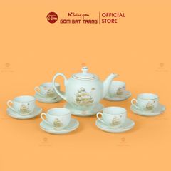Bộ Trà Men Trắng Dáng Minh Long Thuận Buồm Xuôi Gió Vẽ Vàng