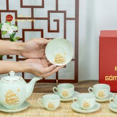 Bộ Trà Men Trắng Dáng Minh Long Thuận Buồm Xuôi Gió Vẽ Vàng