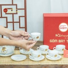Bộ Trà Men Trắng Đức Sen Bướm Vẽ Vàng