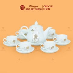 Bộ Trà Men Trắng Đức Sen Bướm Vẽ Vàng