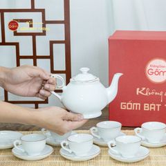 Bộ Trà Men Trắng Hồ Lô Vẽ Viền Vàng
