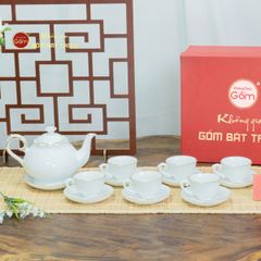 Bộ Trà Men Trắng Hồ Lô Vẽ Viền Vàng