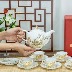 Bộ Trà Men Trắng Mẫu Đơn Hoa Sen Vẽ Vàng