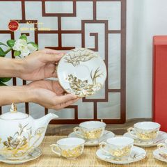 Bộ Trà Men Trắng Mẫu Đơn Hoa Sen Vẽ Vàng