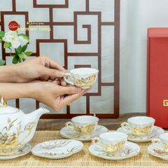 Bộ Trà Men Trắng Mẫu Đơn Hoa Sen Vẽ Vàng