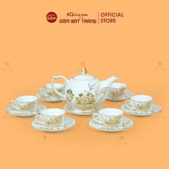 Bộ Trà Men Trắng Mẫu Đơn Hoa Sen Vẽ Vàng