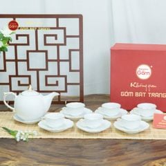 Bộ Trà Men Trắng Mẫu Đơn Ly Lượn Vẽ Vàng