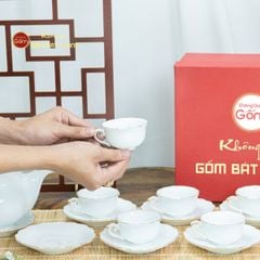 Bộ Trà Men Trắng Mẫu Đơn Ly Lượn Vẽ Vàng