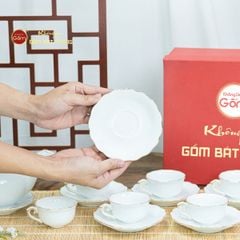 Bộ Trà Men Trắng Mẫu Đơn Ly Lượn Vẽ Vàng