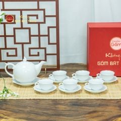 Bộ Trà Men Trắng Mẫu Đơn Ly Lượn