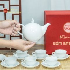 Bộ Trà Men Trắng Mẫu Đơn Ly Lượn