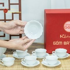 Bộ Trà Men Trắng Mẫu Đơn Ly Lượn
