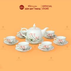 Bộ Trà Men Trắng Mẫu Đơn Vẽ Hoa Sen Màu