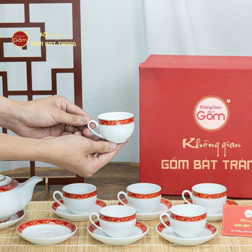 Bộ Trà Men Trắng Minh Nguyệt Viền Chim Hạc Đỏ