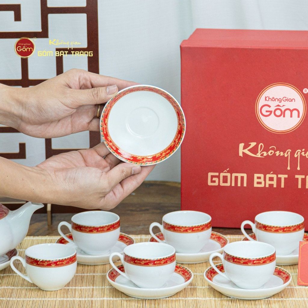 Bộ Trà Men Trắng Minh Nguyệt Viền Chim Hạc Đỏ