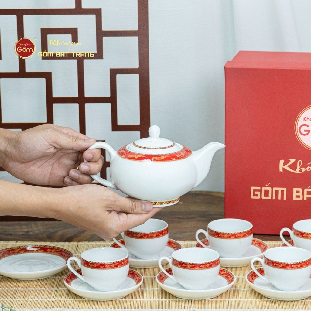 Bộ Trà Men Trắng Minh Nguyệt Viền Chim Hạc Đỏ