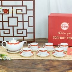 Bộ Trà Men Trắng Minh Nguyệt Viền Chim Hạc Đỏ