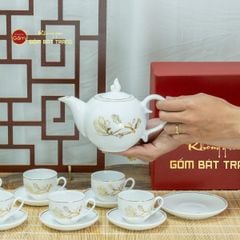 Bộ Trà Men Trắng Ngọn Lửa Hoa Mộc Lan Vẽ Vàng
