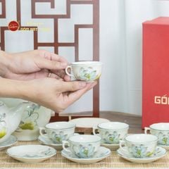 Bộ Trà Men Trắng Ngọn Lửa Họa Tiết Hoa Sen