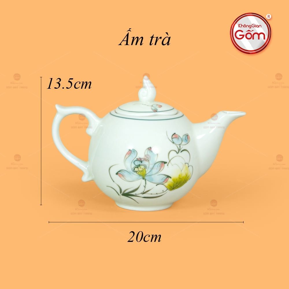 Bộ Trà Men Trắng Ngọn Lửa Họa Tiết Hoa Sen