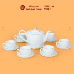 Bộ Trà Men Trắng Vai Vuông Kẻ Viền Xanh