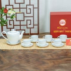Bộ Trà Men Trắng Vai Vuông Kẻ Viền Xanh