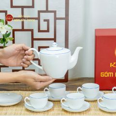 Bộ Trà Men Trắng Vai Vuông Kẻ Viền Xanh