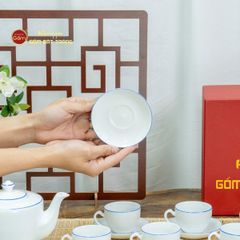 Bộ Trà Men Trắng Vai Vuông Kẻ Viền Xanh