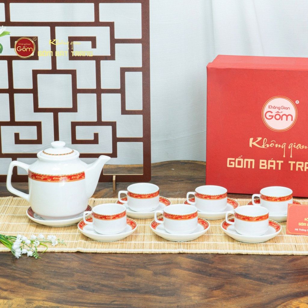 Bộ Trà Men Trắng Vuông Cao Viền Chim Hạc