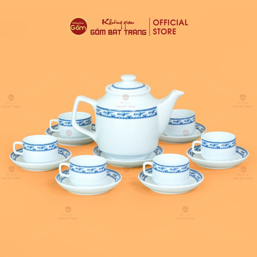 Bộ Trà Men Trắng Vuông Cao Viền Chim Hạc