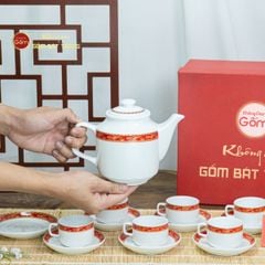 Bộ Trà Men Trắng Vuông Cao Viền Chim Hạc