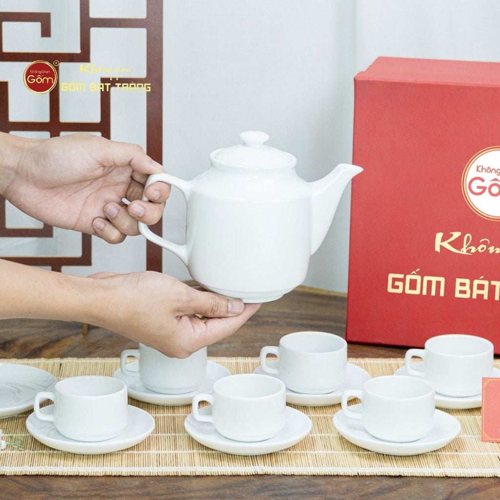 Bộ Trà Men Trắng Vuông Cao