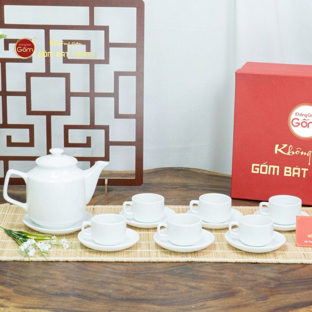 Bộ Trà Men Trắng Vuông Cao