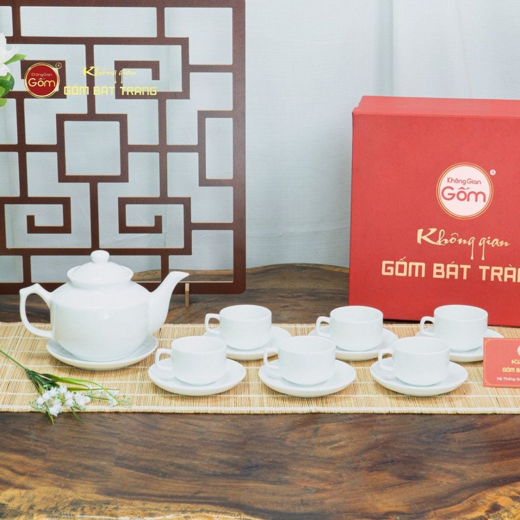 Bộ Trà Men Trắng Vuông Thấp
