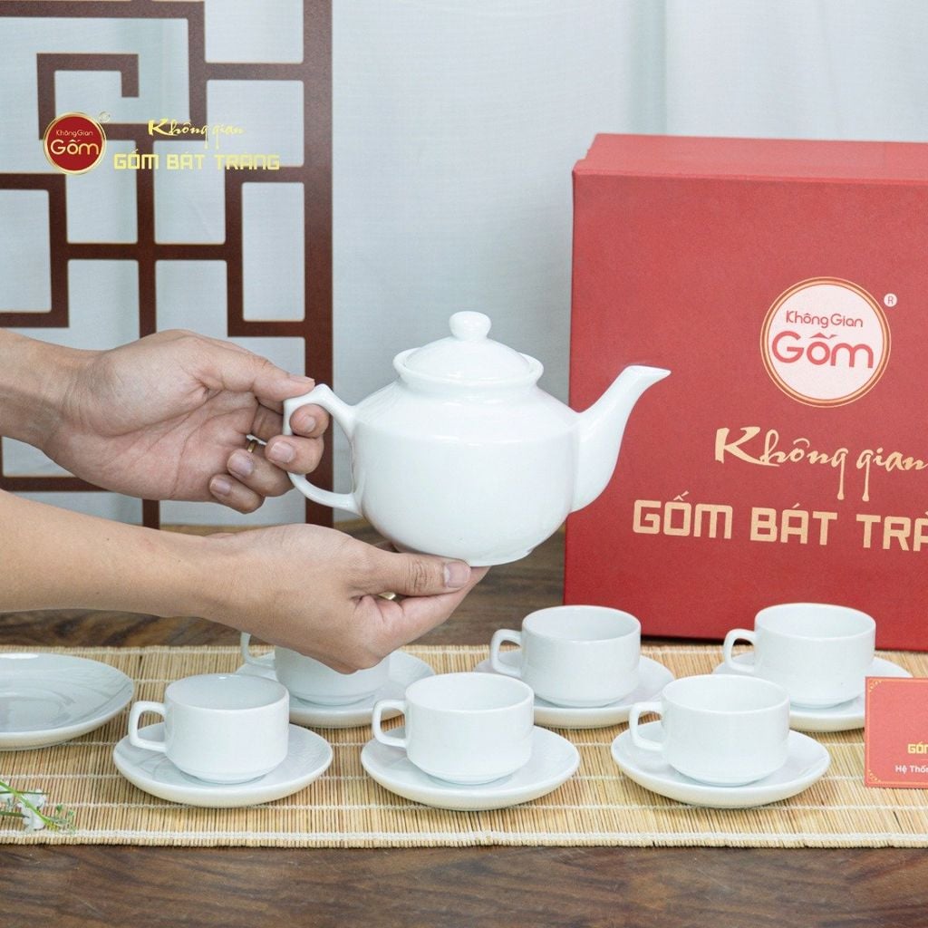 Bộ Trà Men Trắng Vuông Thấp