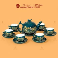 Bộ Trà Men Xanh Lam Bưởi Cành Hoa Sen Vẽ Vàng