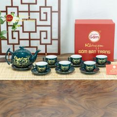 Bộ Trà Men Xanh Lam Bưởi Cành Hoa Sen Vẽ Vàng