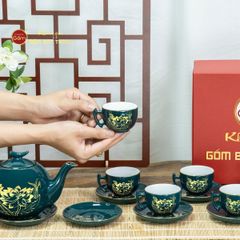 Bộ Trà Men Xanh Lam Bưởi Cành Hoa Sen Vẽ Vàng