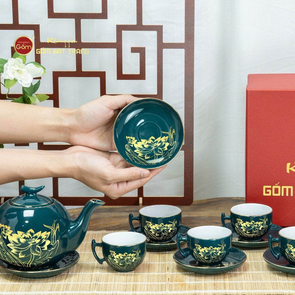 Bộ Trà Men Xanh Lam Bưởi Cành Hoa Sen Vẽ Vàng