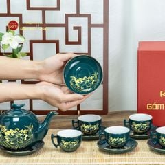 Bộ Trà Men Xanh Lam Bưởi Cành Hoa Sen Vẽ Vàng