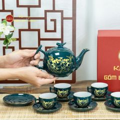Bộ Trà Men Xanh Lam Bưởi Cành Hoa Sen Vẽ Vàng