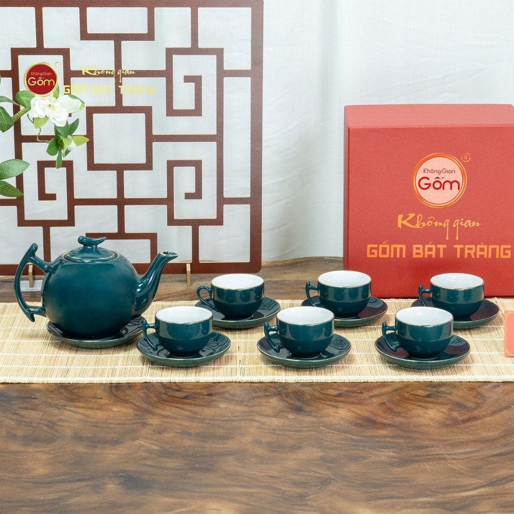 Bộ Trà Men Xanh Lam Bưởi Cành Kẻ Vàng