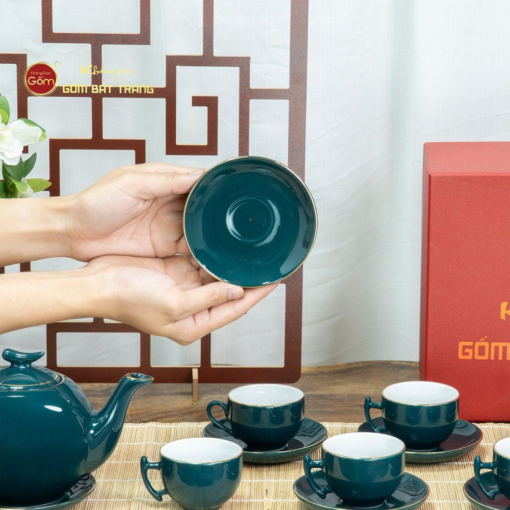 Bộ Trà Men Xanh Lam Bưởi Cành Kẻ Vàng