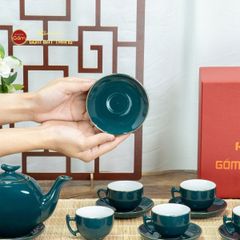 Bộ Trà Men Xanh Lam Bưởi Cành Kẻ Vàng