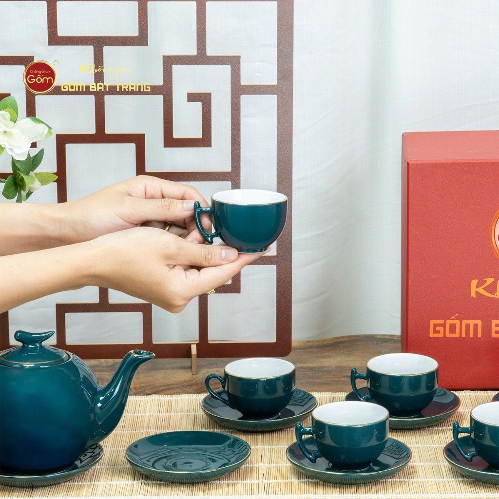 Bộ Trà Men Xanh Lam Bưởi Cành Kẻ Vàng